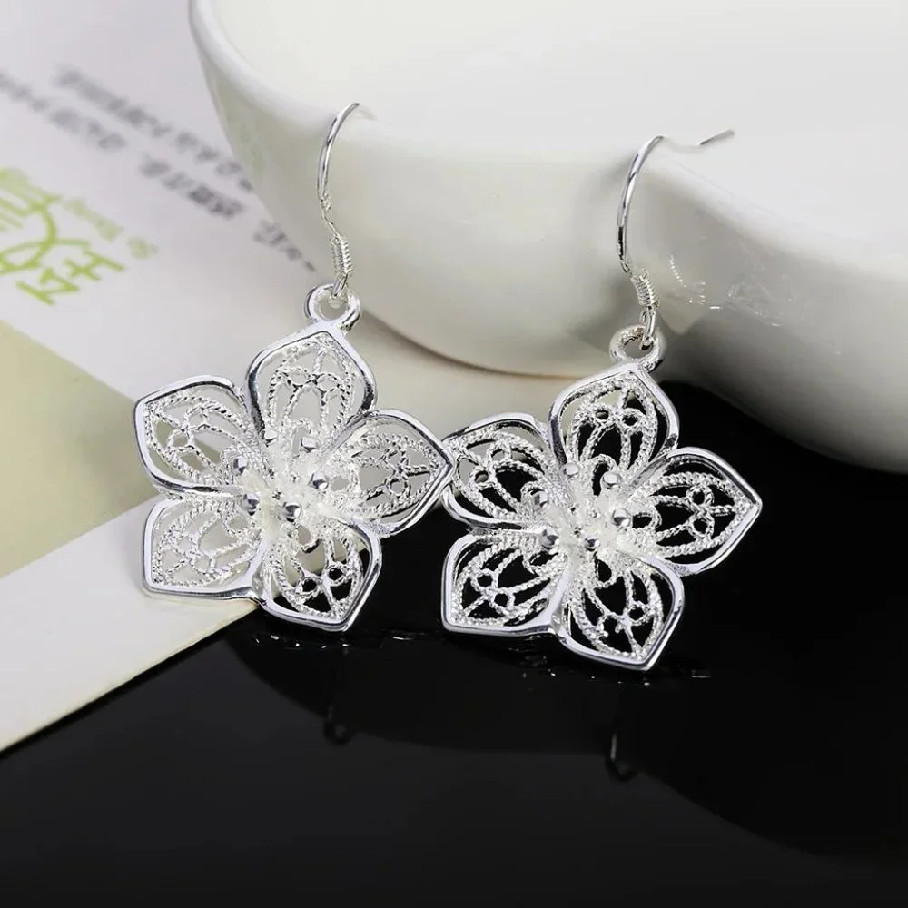 Gorgeous 3D Flower .925 Sterling Silver Hanging Earrings " Hypoallergenic " - Picture 4 of 8